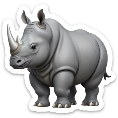 cinematic-rhino-full-body-standing-emoji,slate grey skin -massive-body-poised-powerfully,-thick-horn-curving-slightly-forward,-head-tilted-dramatically,-rough-grey-hide-covered-in-dust,-simplified-focused-features, sticker