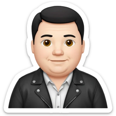 Fat white man, black hair parted in the middle to the shoulders smiling, white shirt and black jacket sticker