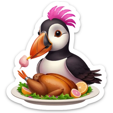 pink puffin that is pink-colored eating roast dinner sticker