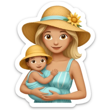 A mom in a sunhat holding her baby gently, wearing a sun-dress while smiling softly. sticker