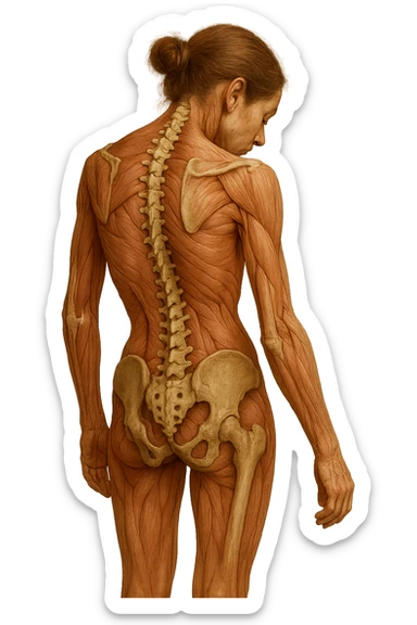 donna di spalle con spina dorsale in evidenza, postura storta, spalle chiuse in avanti, iperrealistica 4k sticker