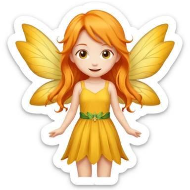 fairy with long orange hair, yellow wings, yellow dress, happy, chibi full body sticker