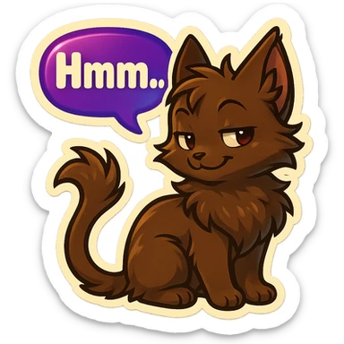 a dark-brown fluffy cute kawaii anime cat with tufted ears and a long thin tufted tail, thinking, smirking thoughtfully, saying “Hmm..” with a purple speech bubble, (cartoon style) (cute anime style) (furry style) (deviantArt style) (artist style: Kamirah) sticker