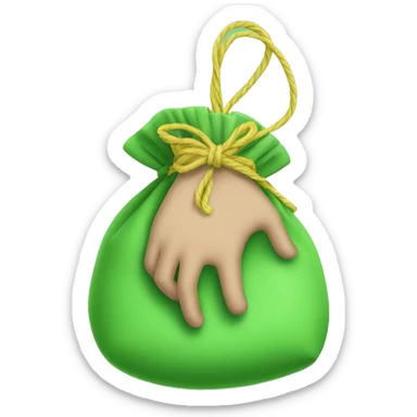 hand holding a green pouch tied with light green string sticker