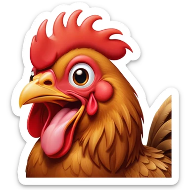 Cinematic Cute Yawning Brown Rooster Portrait Emoji, Head tilted slightly with a dramatic, wide-open yawn, showcasing a soft, downy brown plumage with a subtle red comb and drooping wings, round warm eyes barely open in drowsy contentment, Simplified yet irresistibly adorable features, highly detailed, glowing with a soft, cozy glow, high shine, relaxed yet expressive, stylized with a touch of whimsy, bright and endearing, soft glowing outline, capturing the essence of a sleepy yet affectionate rooster, so drowsy it feels like it could stretch out of the screen and curl up for a nap! sticker