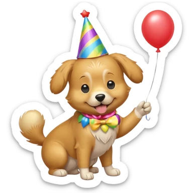 A dog wearing a party hat, wagging its tail while holding a tiny balloon.

















 sticker