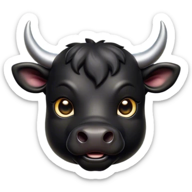 Cinematic Cute Black Bull Portrait Emoji, Head tilted playfully and inquisitively, featuring a glossy, robust black hide with a striking sheen, round, sparkling dark eyes filled with gentle curiosity, Simplified yet irresistibly adorable features, highly detailed, glowing with a warm, friendly glow, high shine, affectionate and imposing, stylized with a touch of rugged charm, bright and endearing, soft glowing outline, capturing the essence of a mischievous yet loving bull, so playful it feels like it could stomp out of the screen and into your arms! sticker