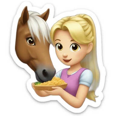 cute blonde girl giving food to a pony sticker