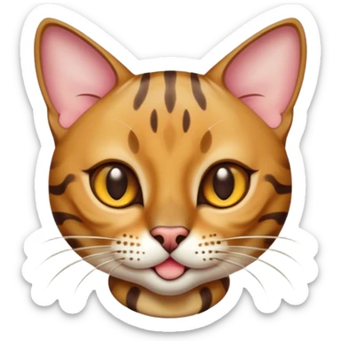 Cinematic Cute Bengal Cat Portrait Emoji, Playful and charming, sleek spotted brown and gold tones, Simplified yet adorable features, highly detailed, glowing with a warm, friendly glow, high shine, curious and affectionate, stylized with a touch of whimsy, bright and alert, soft glowing outline, capturing the essence of a mischievous yet loving kitten, so endearing it feels like it could pounce out of the screen and play! sticker