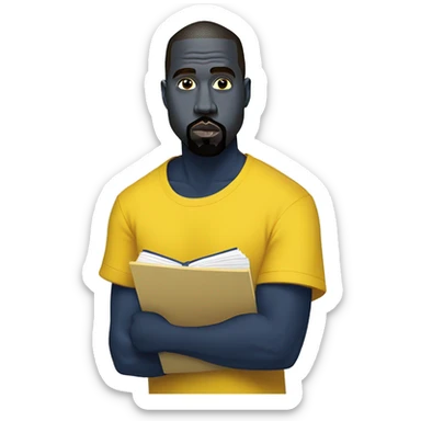 kanye west wearing a dark blue T-shirt, holding a big yellow notepad sticker