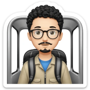 A young boy DEVELOPER WITH A backpack, black curly short hair, wearing glasses, a thin goatee, his skin is white, riding a scholar bus sticker