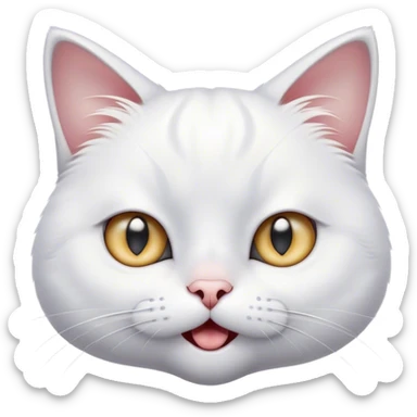 Cinematic Comical White Cat Portrait Emoji, Head tilted in an exaggerated, surprised manner with wide, sparkling eyes, showcasing a pristine white fur with subtle hints of silver and an animated, goofy expression, simplified yet whimsically detailed, glowing with a playful, bright radiance, high shine, exuding a lighthearted and comical charm, styled with a soft glowing outline, capturing the essence of a white cat that looks ready to prance comically off the screen! sticker