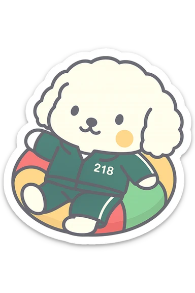 Add the green uniform of Squid Game with number 218 to the character in the reference images, keeping exactly the same style and line art of the original character without altering the character's visual or colors, only adding the outfit. The background should be transparent for WhatsApp sticker use. sticker