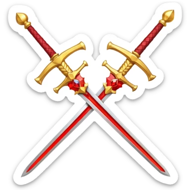 Two crossed swords that are golden in blade and handle and have fiery and royal appearence to them as well as red gem stones yellow in color sticker