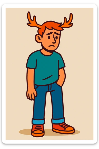 A casual guy with deer antlers, wearing a t-shirt and jeans, with a sad or thoughtful facial expression, neutral background, no snow sticker