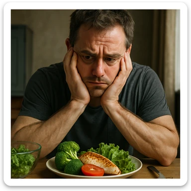 hyperrealistic man looking very struggling to follow a diet, frustrated or discouraged expression, sitting at a table with healthy food in front, visibly tempted or conflicted, realistic environment, detailed, intense atmosphere sticker