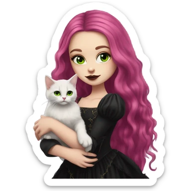 Pretty portrait of White girl. The Girl has Long Magenta Hair. Soft gothic make up and gothic dress. Holding her Cat. The cat is golden british longhair kitten with Green Eyes. sticker