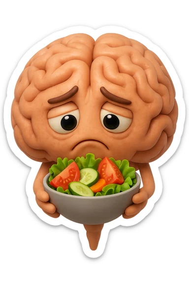 EMOJI STILE IPHONE 3D DI UN cervello umano che tiene in mano un insalata con espressione triste, iperrealistico 4k sticker