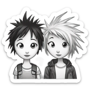 dog and a dark-haired girl with spiky hair looking at each other in style of ((sarah andersen)), black and white sticker