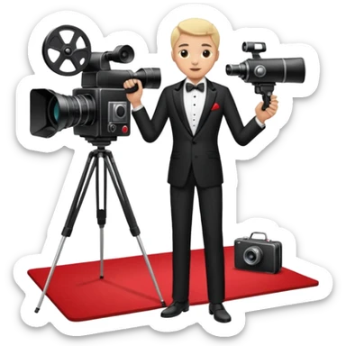 an actor standing on a red carpet with a formal tuxedo, with only one movie camera on a tripod next to him. sticker