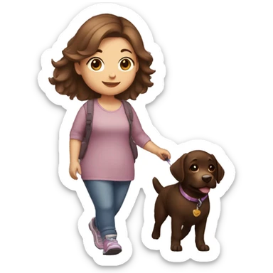 chubby girl with highlights in hair walking a chocolate labrador sticker