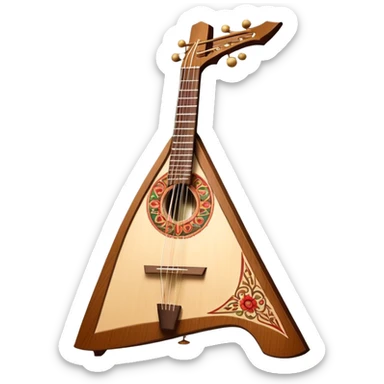 Create a refined and traditional emoji representing the 'Prima' balalaika produced by the company 'ПКМИ фонда П.И. Чайковского'. The design should feature the distinctive triangular shape of the balalaika, with visible strings and a beautifully crafted wooden body. Add subtle details like a decorative rosette or pick to emphasize the craftsmanship. Use warm wood tones, like rich browns and honey shades, to highlight the traditional and premium nature of the instrument. The background should be transparent. sticker