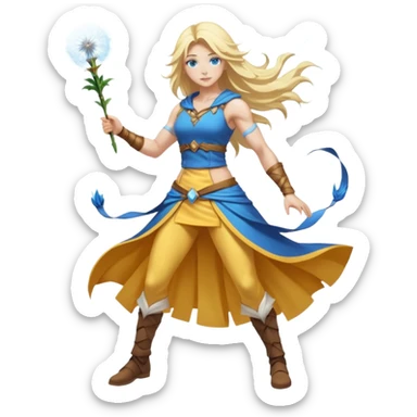 full body woman long blonde hair blue eyes white skin muscular build dandelion wind summoner sticker