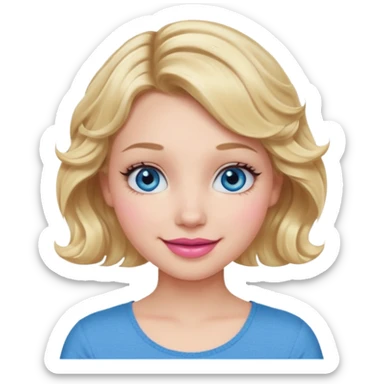Girl Blonde short wavy hair,  blue eyes, cute blue top, long lashes, pink lips, 👄 smiling  sticker