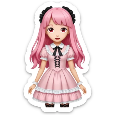 Vestido rosa pastel y white gothic lolita, cuerpo completo, color de piel morena, pelo largo, pelo de color rojo y negro sticker