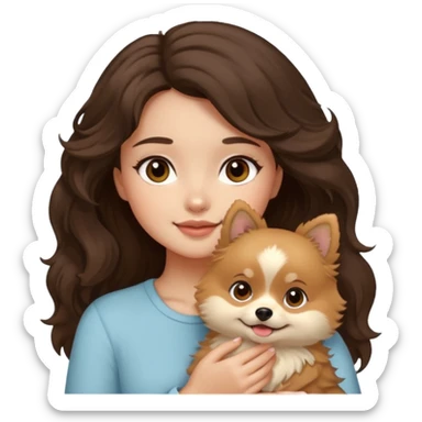 light-skinned-girl-wavy-dark-brown-hair-brown-eyes-petting-light-beige-pomeranian sticker