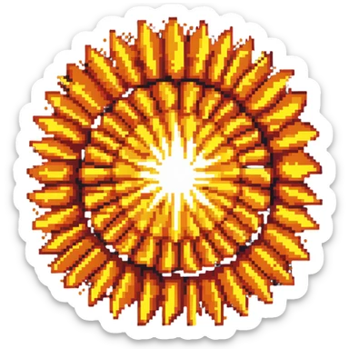 Bomberman explosion center tile, bright fiery explosion core with yellows and oranges radiating from center, circular explosion pattern, clean pixel art edges, slight transparency at edges sticker