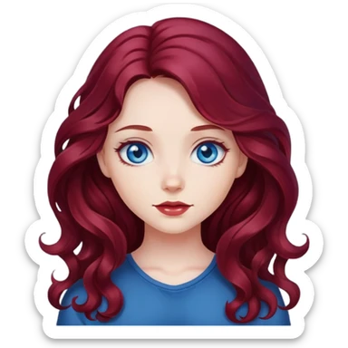 dark cherry red hair, wavy hair, long hair, blue eyes, cute girl sticker