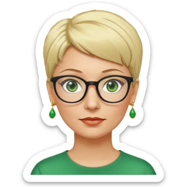 femme 40 ans lunettes cheveux très courts blonde anneaux oreilles yeux verts sticker