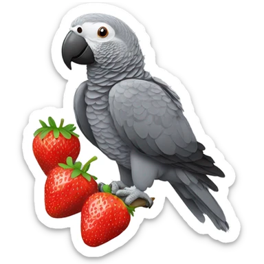 African grey parrot eating a red strawberry sticker