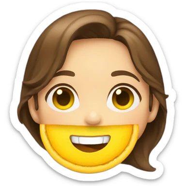 a girl, with brown hair, with yellow crisps instead of her 2 front tooth sticker