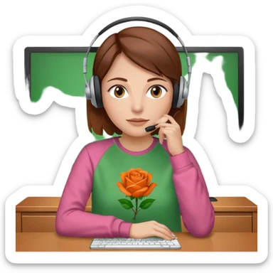 woman, brown hair, middle european, wearing a headset and rose sweatshirt. sitting in the office. she is controling limits on screen: green = ok, orange = bald überschritten, re = limite überschritten sticker