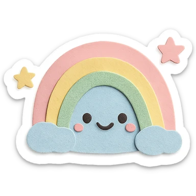 kawaii gentle rainbow arc, tiny star companions, soft pastel colors, no limbs, full body, paper craft style sticker