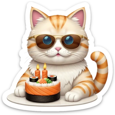 cool cat wearing sunglasses eating a birthday cake made out of sushi sticker