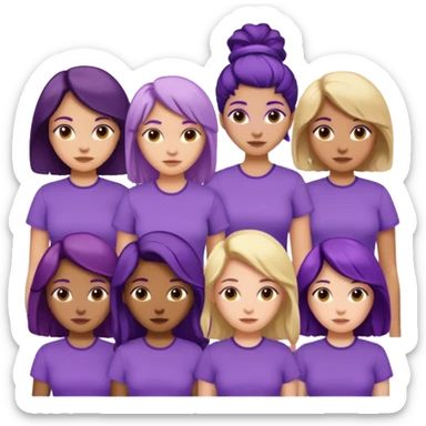 women with various hair types and skin tones, purple shirt, one of each type in a group sticker