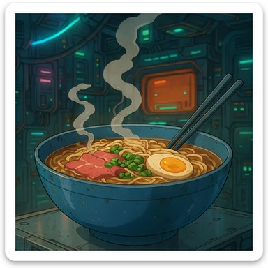 cyberpunk futuristic, space scifi, a bowl of delicious pho, ramen, piping hot sticker