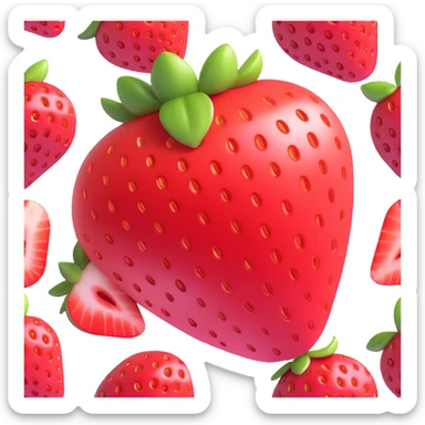 Red whole and sliced strawberry in iOS 3D style with bright colors, soft shadows, glossy highlights, realistic 3D form, smooth gradients, modern look, no background. sticker