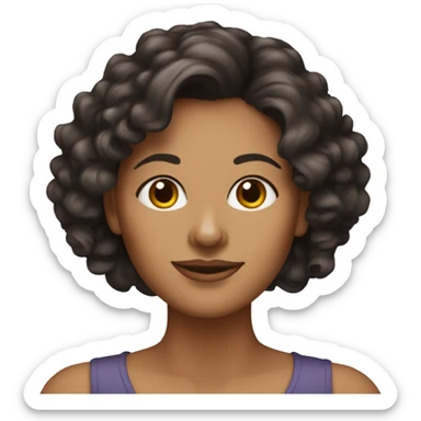 40 years old woman with dark brown hair ,slidly curly and a yorkie  sticker