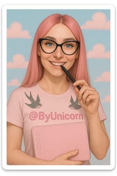 A girl from the waist up with long straight pink hair, expressive blue eyes, a nose with a small hump, two symmetrical swallow tattoos on her collarbones. She wears a pastel light pink t-shirt with a more saturated pink @ByUnicorn print. On her face are black cat-eye shaped glasses. In her right hand, she holds a pastel pink graphic tablet, and in her left hand, she lightly bites the pen from the tablet with a smile. The background is a pastel blue sky with fluffy pastel pink clouds. Preserve the girl's appearance from the photo. sticker