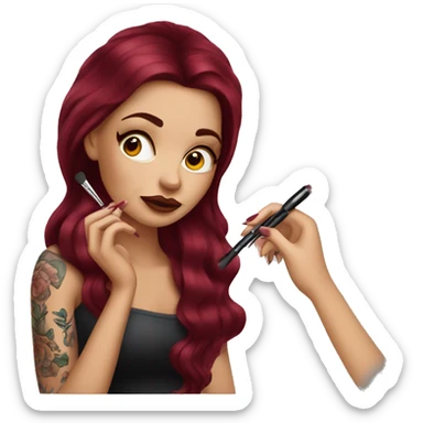 Beautiful tattooed burgundy long haired woman doing her makeup sticker