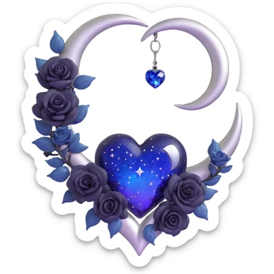 gothic heart, midnight blue glass, silver crescent moon, tiny black roses, shimmering stardust, holographic shimmer effect sticker