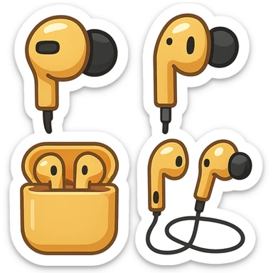 EarPods headphones in emoji style, different angles, gold sticker