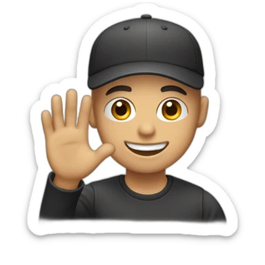 A bald guy with black cap smiling kindly and waving with the left hand sticker