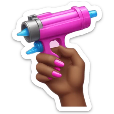 brown hand with pink nails holding large scary water gun sticker