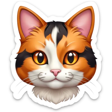 Cinematic Cute Calico Cat Portrait Emoji, Head tilted playfully with sparkling, inquisitive eyes and a charming patchwork fur of orange, black, and white, simplified yet irresistibly adorable, highly detailed, glowing with a warm, inviting glow, high shine, bubbly and affectionate, styled with a touch of whimsical feline charm, soft glowing outline, capturing the essence of a delightfully cute calico cat that looks as if it could prance off the screen into your heart! sticker