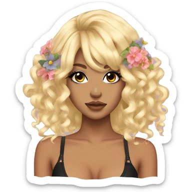 Gyaru girl with dramatic lashes, flower in hair, and curly blonde hair sticker